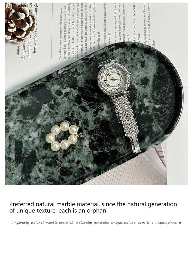 Luxury Green Marble Oval Tray: Bathroom Organizer & Fruit Serving Platter, Waterproof Stone Decor for Hotel Spa Home Kitchen