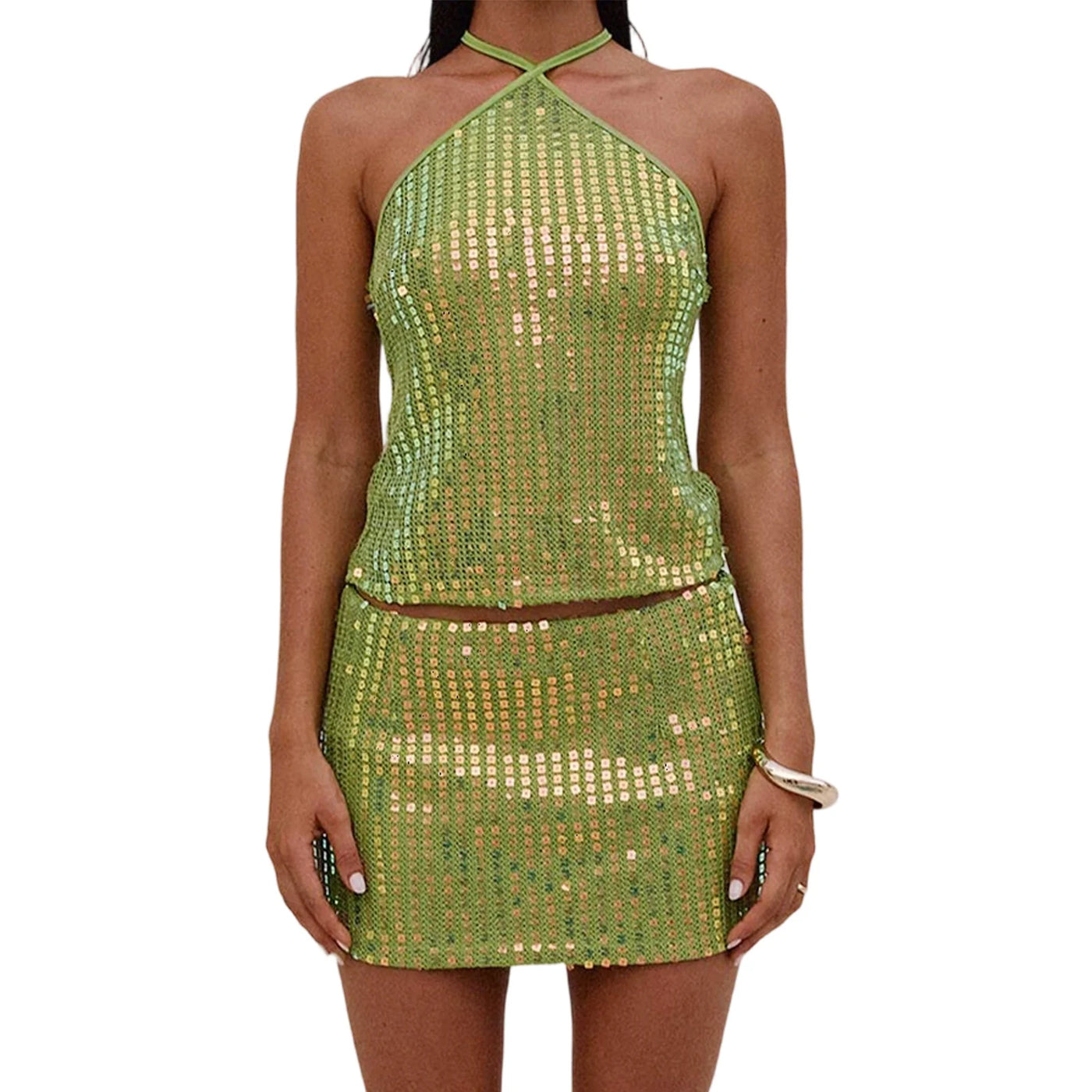 Women's Sequin Halter Tank Tops + Mini Bodycon Skirt Set Summer 2Pcs Outfits Party Clothes