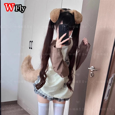 Women’s Harajuku Steampunk Handmade Dog ears and tail Cute Style  Headband Y2K Lolita Subculture Spicy Girls Gothic HairBands