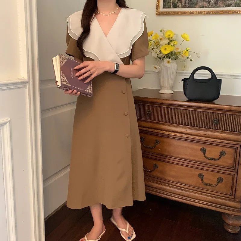 Women Summer Vintage Long Wrapped Dress 2024 New Female Double Layer Ruffled Collar Lacing Up Slim Waist Sundress