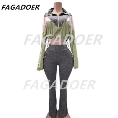 FAGADOER Color Block Street 2 Piece Set Outfit Casual Zip Drawstring Crop Top + High Waist Flare Pants Suit Autumn New Activwear