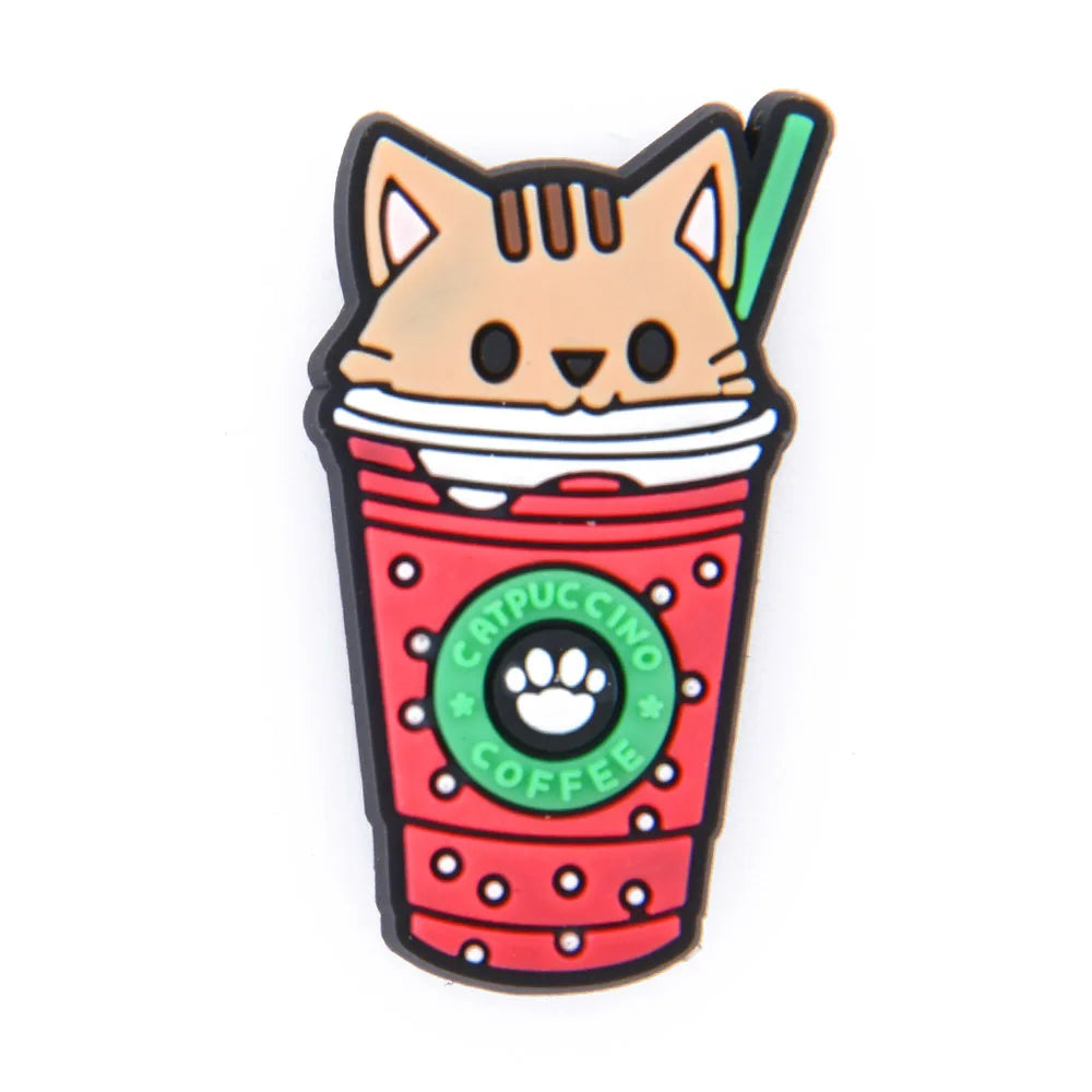 1pc Cute Cartoon Cat Coffee Cup PVC Shoe Charms Buckle Clogs Accessories for Girls Sandals Decoration Kids Gift