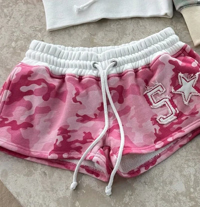 Y2k New Strapless Two Piece Set Women Fashion Summer Camouflage Digital Embroidery Strapless Top Gothic Punk Slim Sexy Shorts