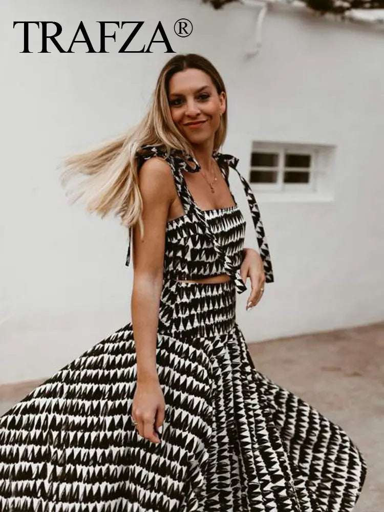 Women Fashion Print Skirts Suit Sexy Backless Sleeveless Slim Corset Crop Top Side Zipper Midi Skirt Y2K Streetwear Sets