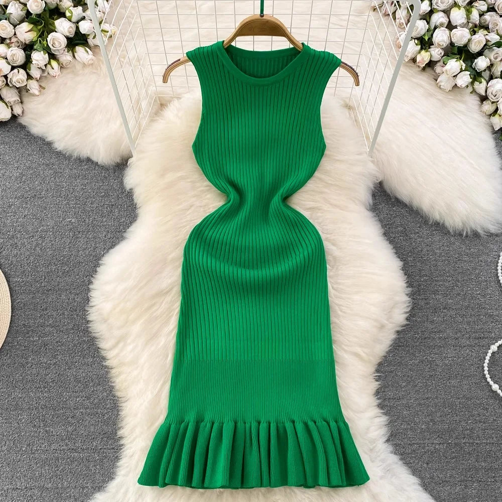 Chic Fashion Sexy Package Hipps Knitted Mini Dress Women Summer Elegant Ruffled Bodycon Dress Lady Streetwear Outfits