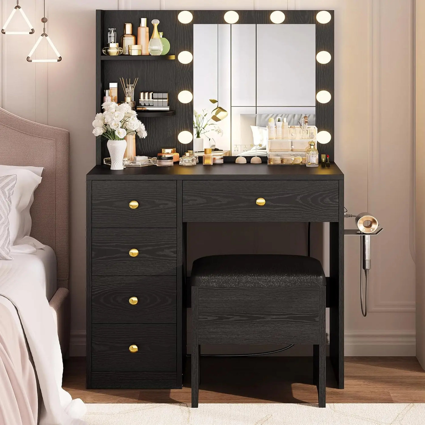 Vanity Desk with Mirror and Lights,Small Makeup Vanity Table with 5 Drawers, Dressing Table for Women Girls Bedroom