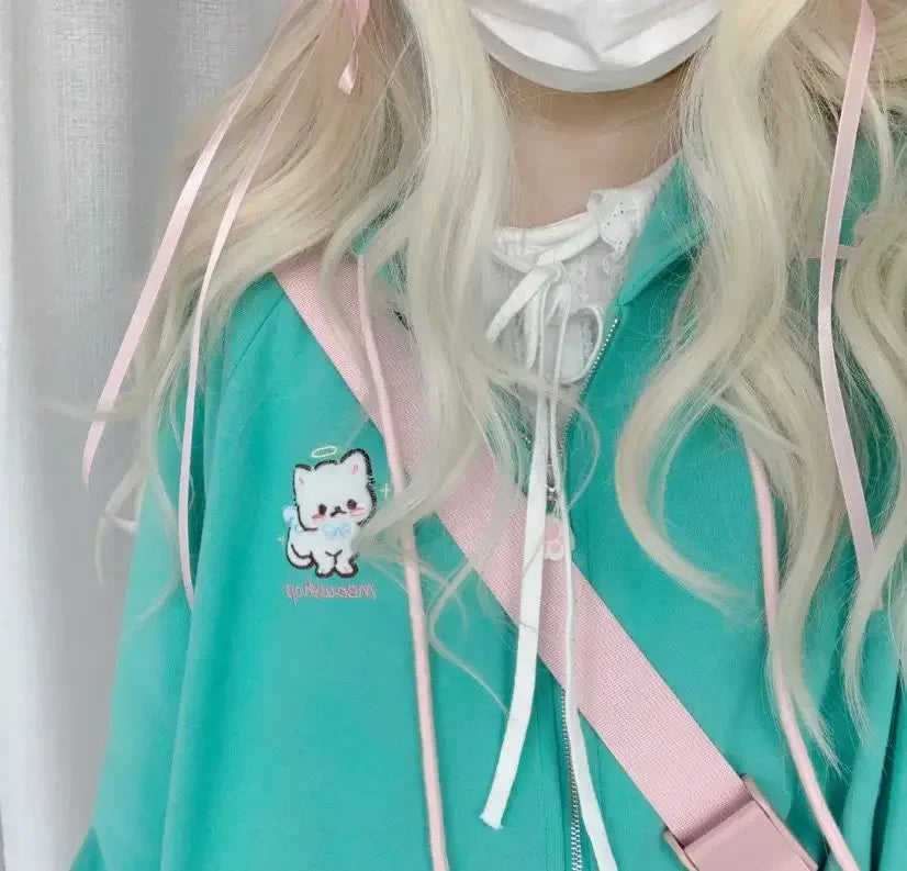 2025 Harajuku Cat Ear Kawaii Zip Up Hoodies Women Japanese Style Cute Hooded Jacket Oversized Sweet Lolita Girly Sweatshirts