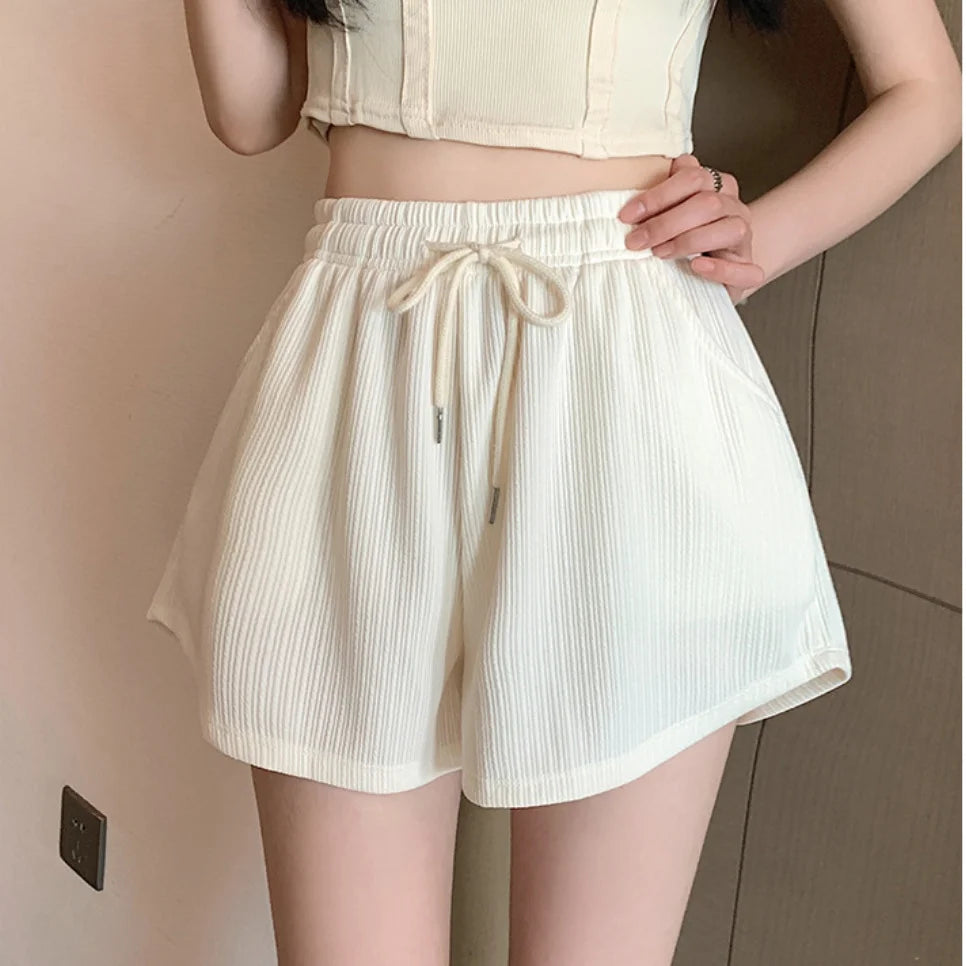 Women's Waffle Shorts sports shorts summer new Korean loose high waist wide leg pants wear women's clothing