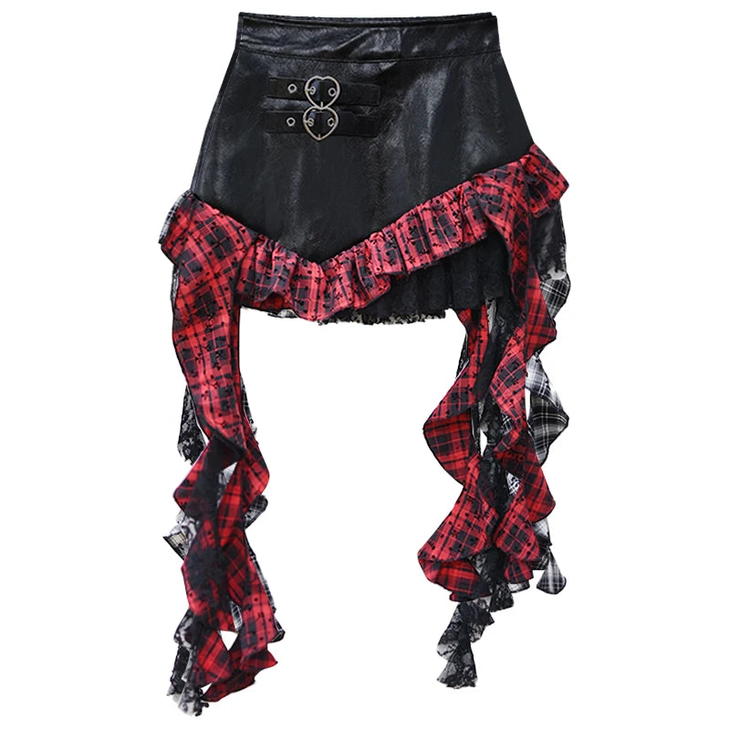 Faux Leather Mini Skirt with Plaid Ruffle Lace Trim Heart-Shape Buckle Asymmetrical Miniskirt Teen-girl e-girl Y2k Grunge Outfit