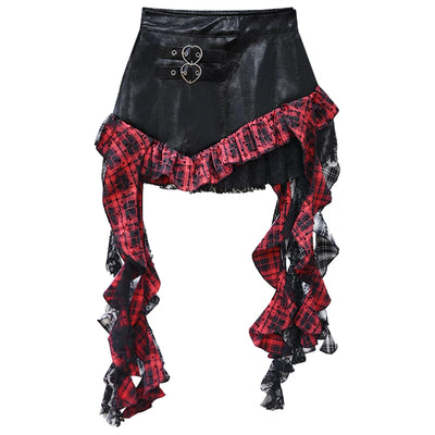 Faux Leather Mini Skirt with Plaid Ruffle Lace Trim Heart-Shape Buckle Asymmetrical Miniskirt Teen-girl e-girl Y2k Grunge Outfit