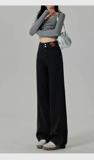Women's Narrow Cut Wide Leg Jeans With High Waist And Hanging Feeling Straight Leg Casual Look Slim Contrasting Colors Pants