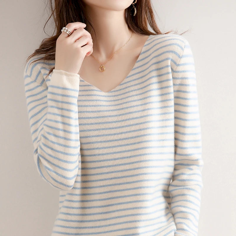 New Striped V-neck Sweater Women's All-Match Loose Sweater Fall Winter Fashion Bottoming Shirt Inner Wear Blouse