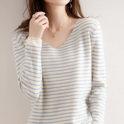 New Striped V-neck Sweater Women's All-Match Loose Sweater Fall Winter Fashion Bottoming Shirt Inner Wear Blouse