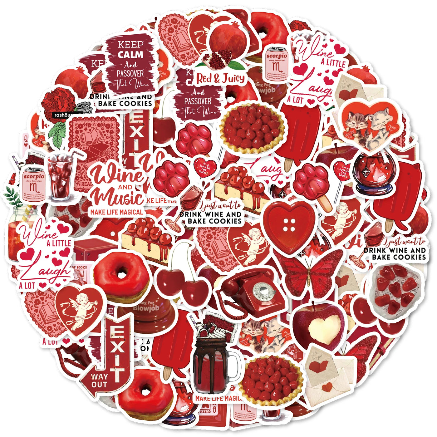 30pcs Rose, Cherry Red Graffiti Stickers Decorated Notebook Water Cup Suitcase Guitar Classic Toy Scrapbook Waterproof PVC Decal