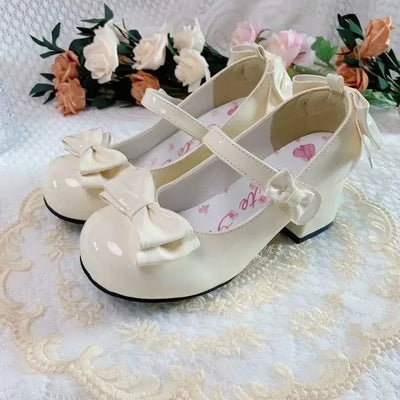 2024Lolita Style Cute Round Head  Jane Pumps With Bow Women's Sweet Party Dress Midi Heels Shoes Fashion PU Sandals