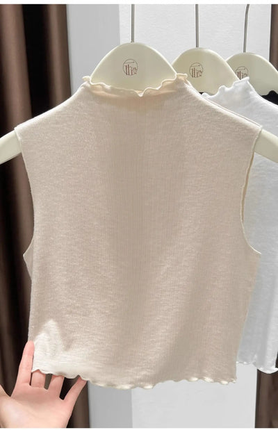 2025 Ruffled Knitted Top Women Y2K Tank Top Half Neck Vest Female Sleeveless Sweater Chic Soft Streetwear Solid Skinny Tube Top