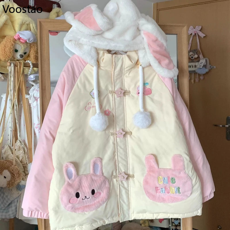 Kawaii Winter Cartoon Embroidery Lolita Parkas Women Y2k Cute Bear Ears Hooded Jacket Casual Zippers Loose Harajuku Padded Coat