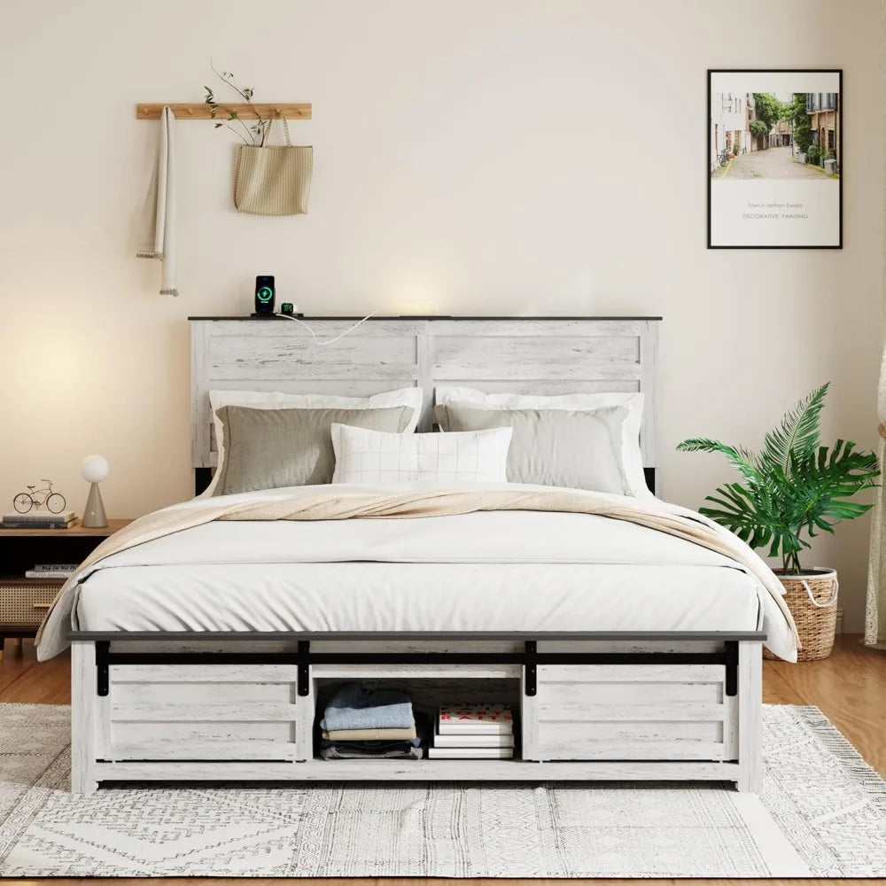 Wooden Queen Size Bed Frame with Headboard, Boho White Farmhouse Storage Bedframe with Sliding Barn Door Footboard and Charging