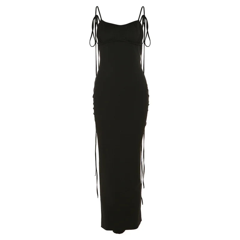 Summer sexy pleated solid color strap with perspective high slit backless sleeveless long skirt