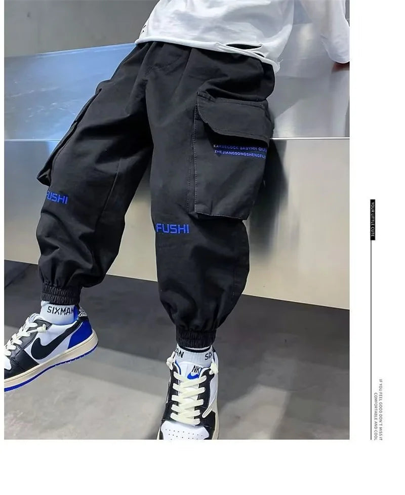 2025 New Boys Cargo Pants Spring Autumn Casual Long Style Trousers Kids Joggers Children Sport Outdoor Pants 4-14 Years