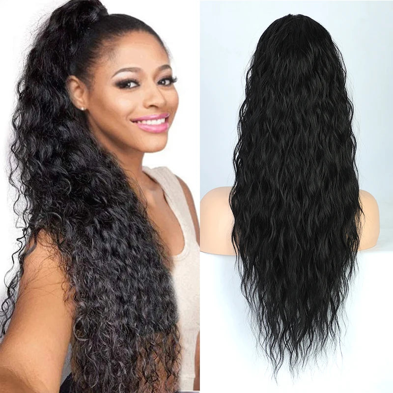 Curly Wavy Drawstring Ponytail Extension Long Clip In Ponytail Hair Extensions for Black Women Blonde Synthetic Fake Hairpieces