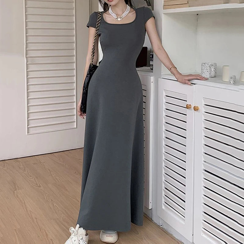 Rimocy Slim Fit Sexy Maxi Dresses for Women 2024 Summer Short Sleeve Bodycon Dress Woman Round Neck Party Club Sundress Ladies