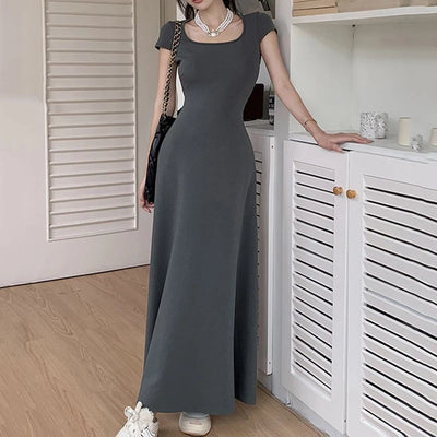 Rimocy Slim Fit Sexy Maxi Dresses for Women 2024 Summer Short Sleeve Bodycon Dress Woman Round Neck Party Club Sundress Ladies