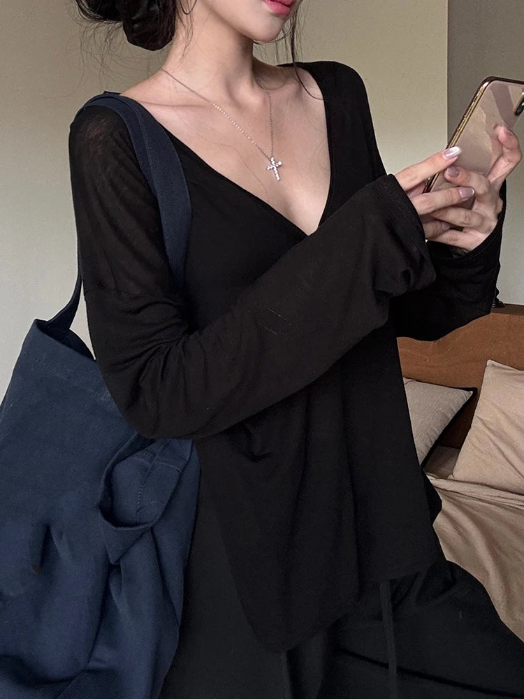 Women Oversized T Shirt Spring Summer V-neck Casual Fashion Loose Thin Long Sleeve Top Pullovers Chic White See Through T-shirt