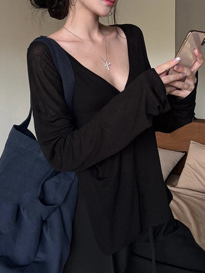 Women Oversized T Shirt Spring Summer V-neck Casual Fashion Loose Thin Long Sleeve Top Pullovers Chic White See Through T-shirt