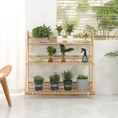 3-Tier Folding Bamboo Plant Shelf 100X39X97 cm