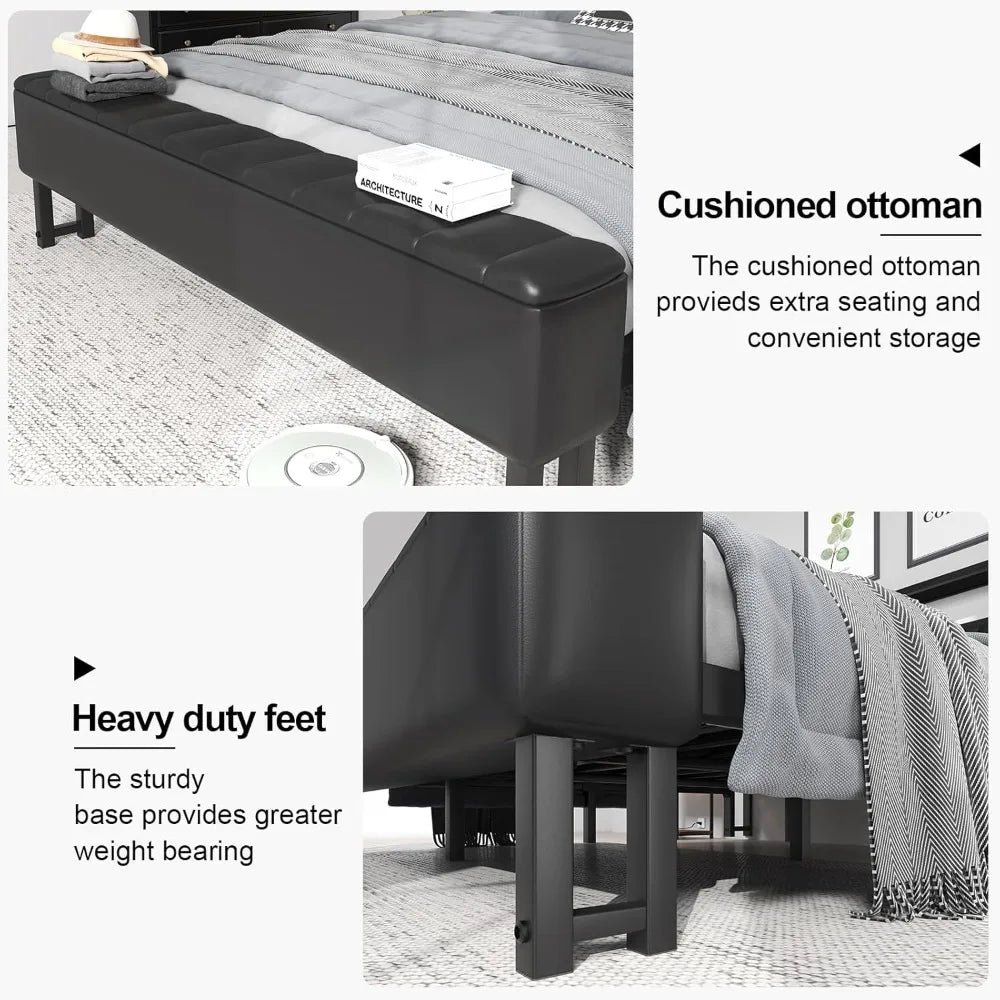 King Size Bed Frame with Star Projector & Charging Station, Metal Upholstered Bed frame with Headboard, Heavy Duty Beds