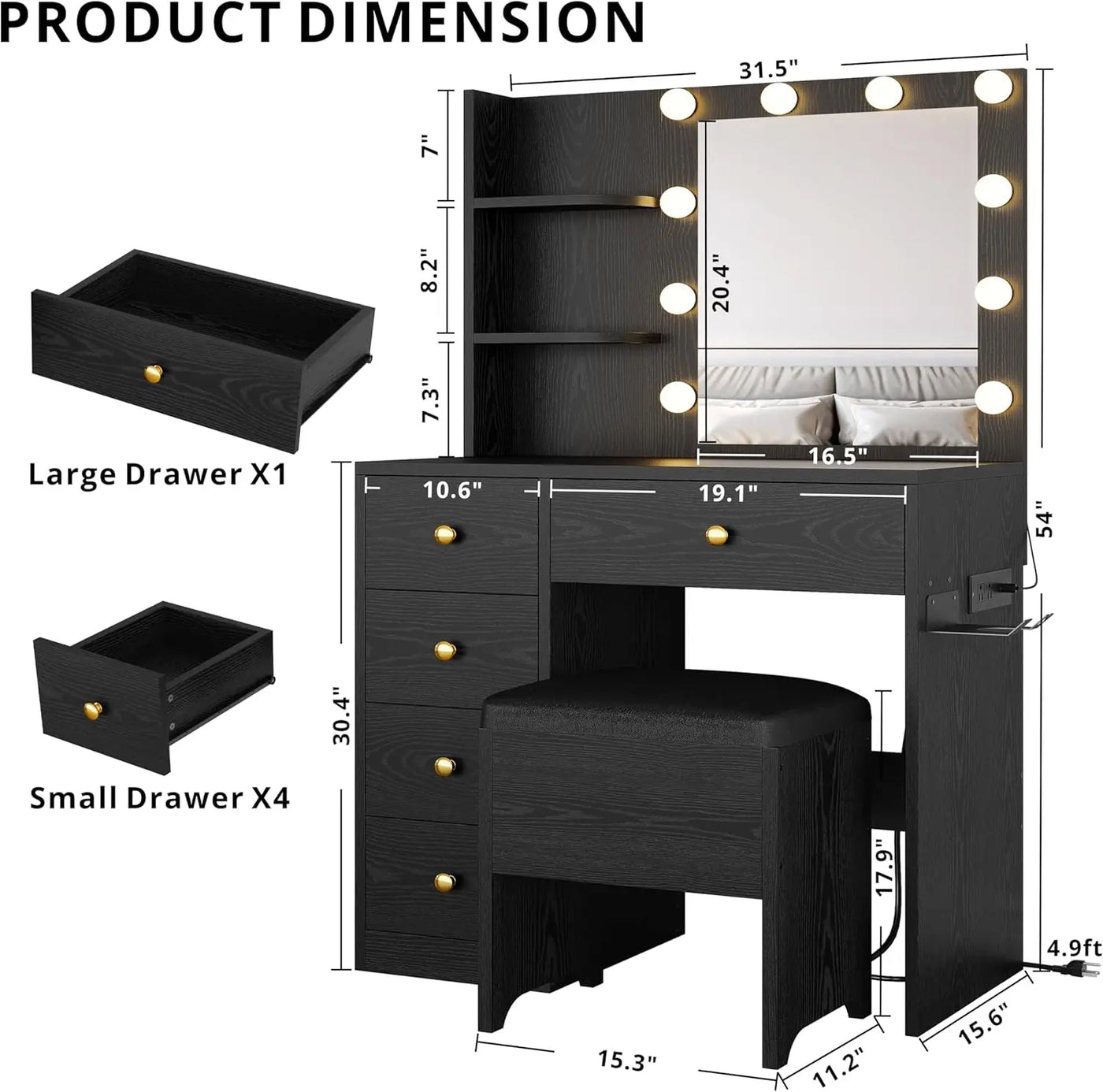 Vanity Desk with Mirror and Lights,Small Makeup Vanity Table with 5 Drawers, Dressing Table for Women Girls Bedroom