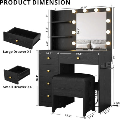 Vanity Desk with Mirror and Lights,Small Makeup Vanity Table with 5 Drawers, Dressing Table for Women Girls Bedroom