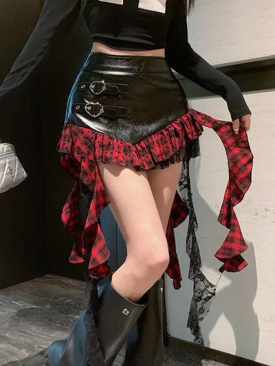 Faux Leather Mini Skirt with Plaid Ruffle Lace Trim Heart-Shape Buckle Asymmetrical Miniskirt Teen-girl e-girl Y2k Grunge Outfit