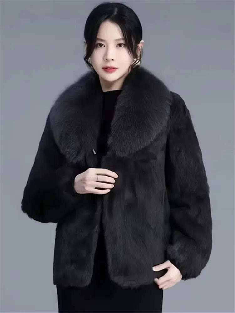 Real Rabbit Fur Coat Women Autumn Winter Short Jacket Thick Warm New Fashion Fox Fur Collar Elegant Female Warm Outerwear