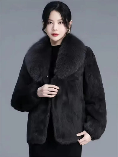 Real Rabbit Fur Coat Women Autumn Winter Short Jacket Thick Warm New Fashion Fox Fur Collar Elegant Female Warm Outerwear
