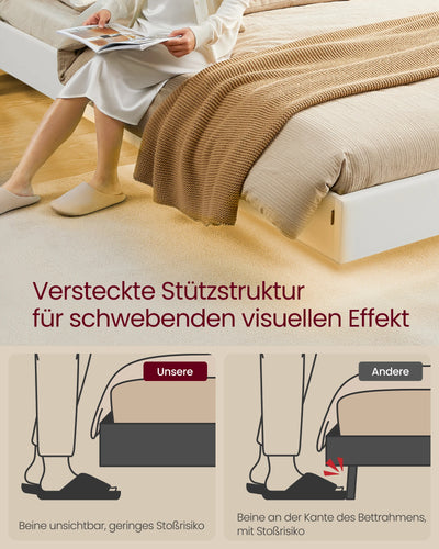 VASAGLE Modern Floating Bed Frame Adjustable LED Lights High Headboard Queen Size Upholstered Bed with Charging Station