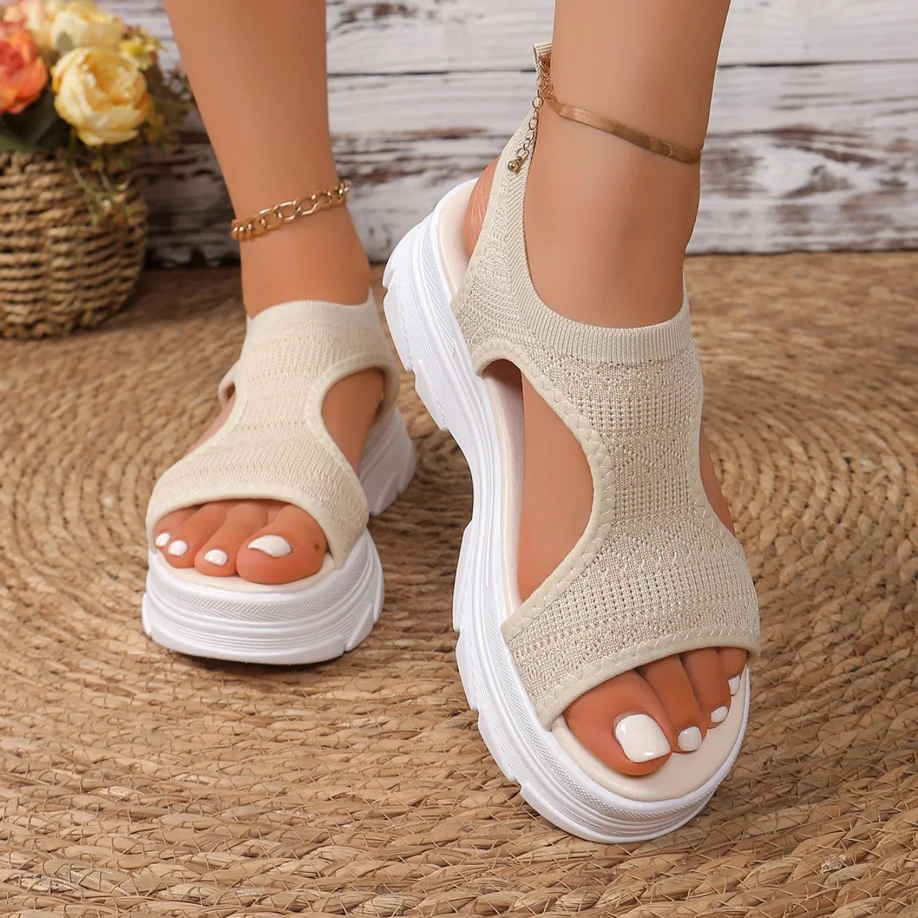 Women Summer Knitted Sports Platform Sandals Stretch Anti-slip Beach Sandals Casual Slip-On Thick Shoes Women Sandalias De Mujer