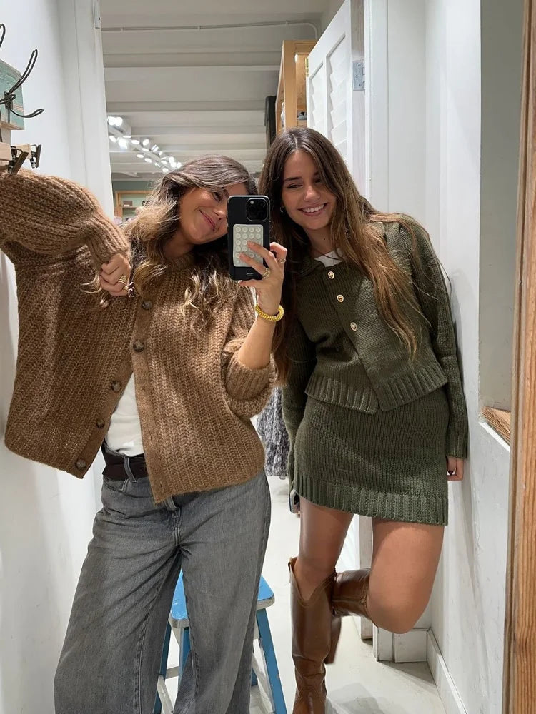 Fashion Knitted Cardigan Mini Skirt Sets Women Greenl Long Sleeve Single-breasted Sweater 2 Piece Set Lady All-matching Outfit