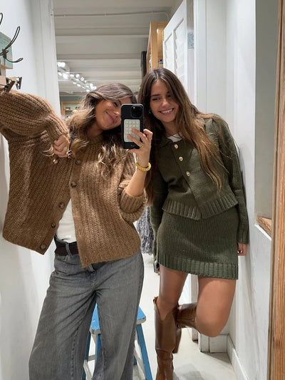 Fashion Knitted Cardigan Mini Skirt Sets Women Greenl Long Sleeve Single-breasted Sweater 2 Piece Set Lady All-matching Outfit