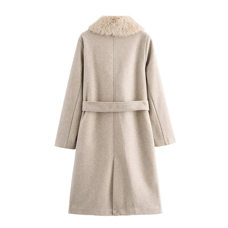 Elegant Fur Lapel Long Coat Women With Belt Woolen Full Sleeve Lace Up Loose Thicken Overcoat 2025 Spring Solid Pocket Outwear