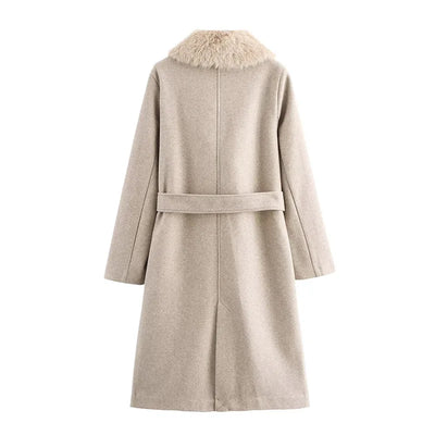 Elegant Fur Lapel Long Coat Women With Belt Woolen Full Sleeve Lace Up Loose Thicken Overcoat 2025 Spring Solid Pocket Outwear