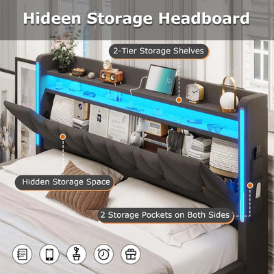 King Size Bed Frame with Marshmallow Headboard and Storage, Metal King Bed with LED Lights & Charging Station, Upholstered Platf