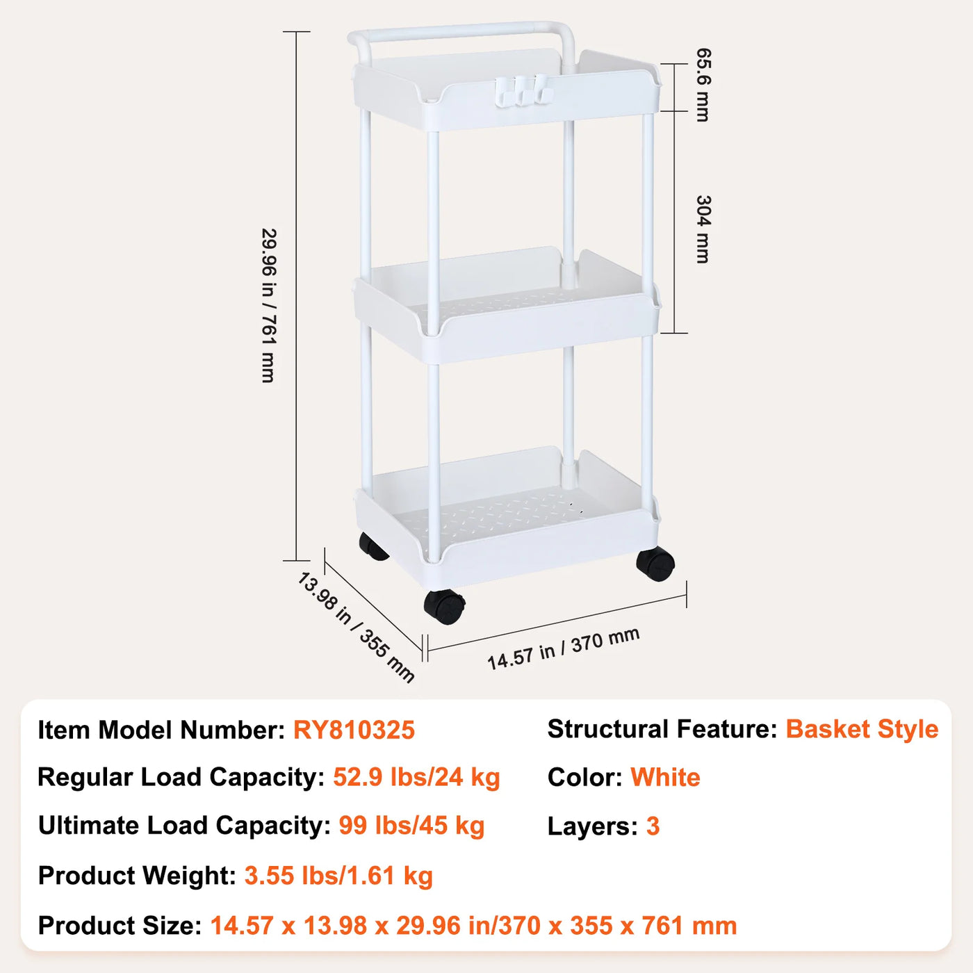 3-Tier Rolling Utility Cart Kitchen Cart with Lockable Wheels Multi-Functional Storage Trolley with Handle Movable