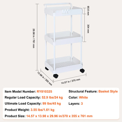3-Tier Rolling Utility Cart Kitchen Cart with Lockable Wheels Multi-Functional Storage Trolley with Handle Movable