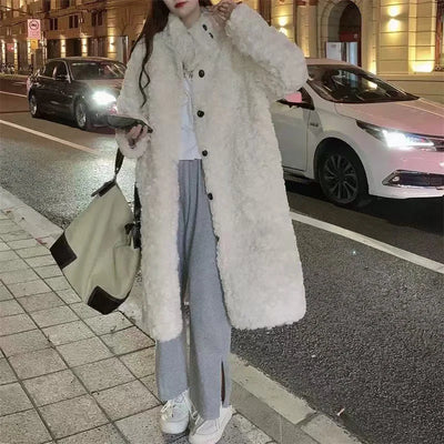 Lamb Wool Long Jackets Women Winter Warm Stand Collar Loose Fur Outerwear Y2K Korean Fashion Long Sleeve All Match Fake Fur Coat