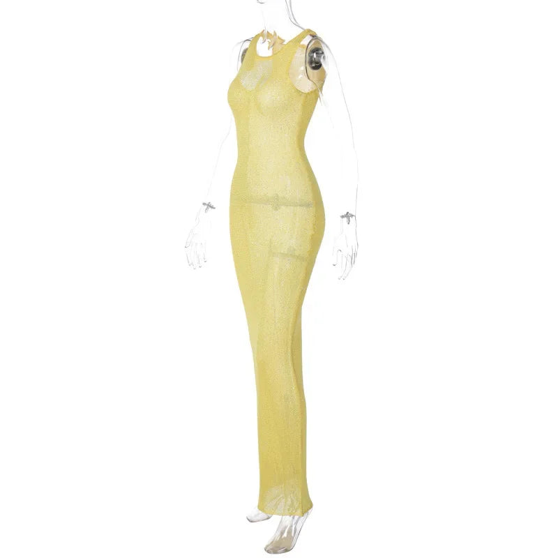 TARUXY Sexy See Through Sequins Maxi Dress For Women Beach Holiday Dress Sleeveless Elegant High Waist Bodycon Hot Girl Outfits