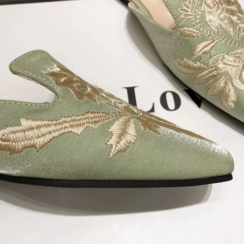 Women's Mules Slippers Summer Footwear Flats Retro Chinese Style Flowers Elegant Dress Low Heel Sandals Designer Slides on sales