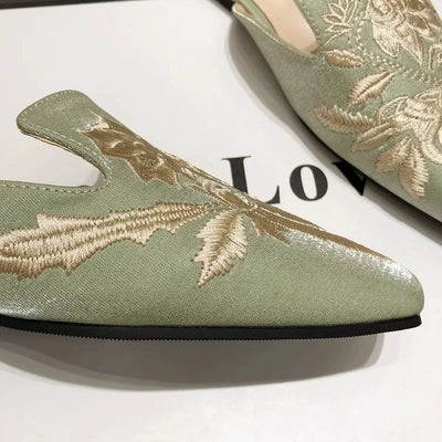 Women's Mules Slippers Summer Footwear Flats Retro Chinese Style Flowers Elegant Dress Low Heel Sandals Designer Slides on sales