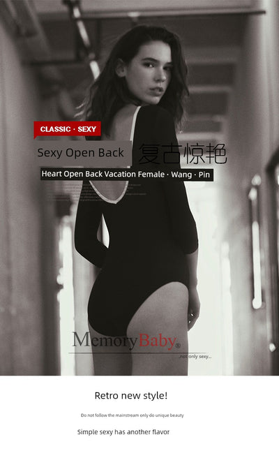 Memorybaby Holiday New Retro Elegant Conservative Cover Belly Thin Stunning Open Back Long-Sleeved One-Piece Swimsuit